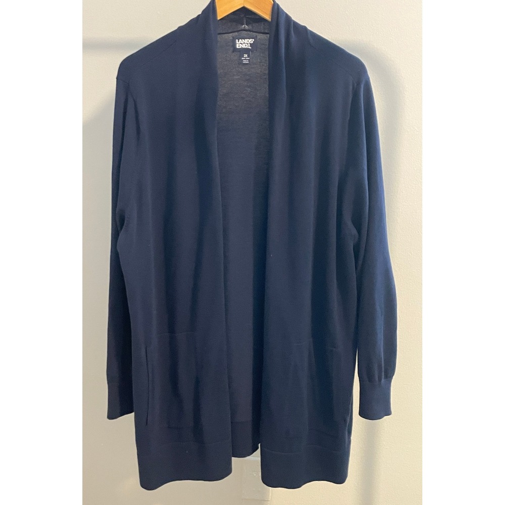 Lands' End Womens 2X Navy Blue Open Front Cardigan Sweater Shawl Collar Pockets